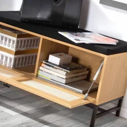 Banc de rangement en bois et rotin