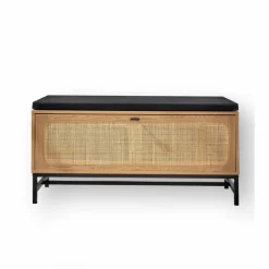 Banc de rangement en bois et rotin