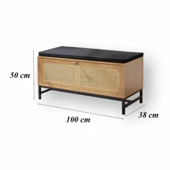 Banc de rangement en bois et rotin