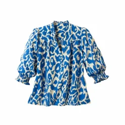 Blouse bicolore col tunisien, manches coudes smockées