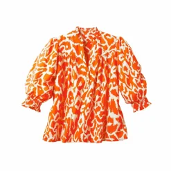 Blouse bicolore col tunisien, manches coudes smockées