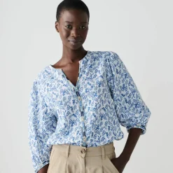 Blouse brodée en coton imprimée, manches 3/4