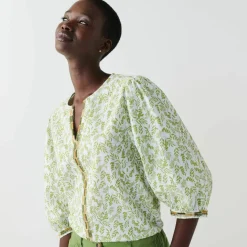 Blouse brodée en coton imprimée, manches 3/4