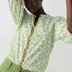Blouse brodée en coton imprimée, manches 3/4