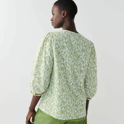 Blouse brodée en coton imprimée, manches 3/4
