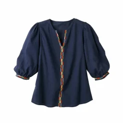 Blouse brodée en coton unie, manches 3/4