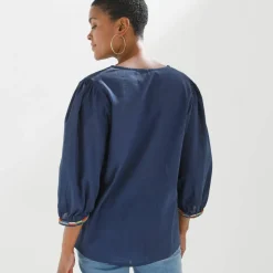 Blouse brodée en coton unie, manches 3/4
