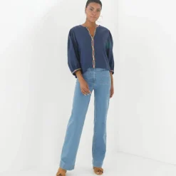Blouse brodée en coton unie, manches 3/4
