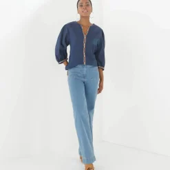 Blouse brodée en coton unie, manches 3/4