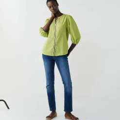 Blouse brodée en coton unie, manches 3/4