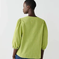 Blouse brodée en coton unie, manches 3/4