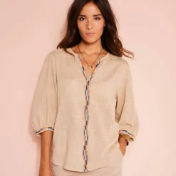 Blouse brodée en coton unie, manches 3/4