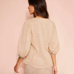 Blouse brodée en coton unie, manches 3/4