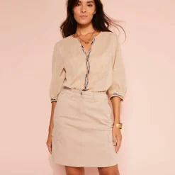 Blouse brodée en coton unie, manches 3/4