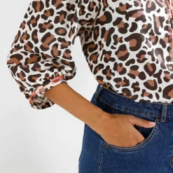Blouse brodée manches 3/4, imprimé léopard
