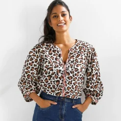 Blouse brodée manches 3/4, imprimé léopard