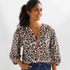 Blouse brodée manches 3/4, imprimé léopard