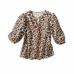 Blouse brodée manches 3/4, imprimé léopard