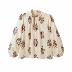 Blouse col montant, manches blousantes, imprimé ethnique