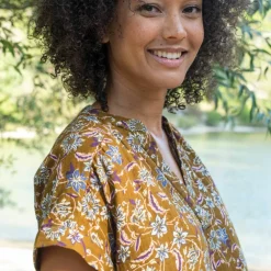 Blouse col tunisien imprimée en double gaze de coton