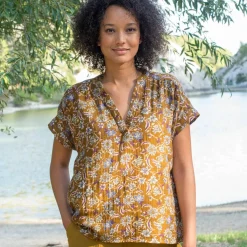 Blouse col tunisien imprimée en double gaze de coton