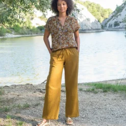 Blouse col tunisien imprimée en double gaze de coton