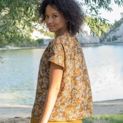 Blouse col tunisien imprimée en double gaze de coton