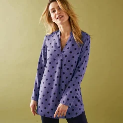 Blouse col tunisien imprimé pois, crêpe