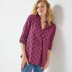 Blouse col tunisien imprimé pois, crêpe