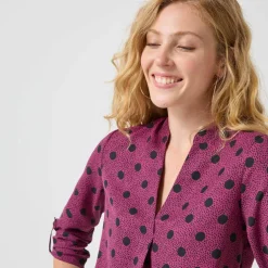 Blouse col tunisien imprimé pois, crêpe