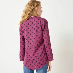 Blouse col tunisien imprimé pois, crêpe