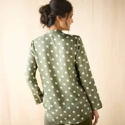 Blouse col tunisien imprimé pois, crêpe