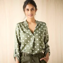 Blouse col tunisien imprimé pois, crêpe