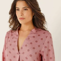 Blouse col tunisien imprimé pois, crêpe