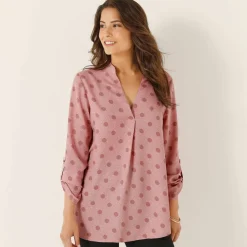 Blouse col tunisien imprimé pois, crêpe