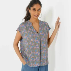 Blouse col tunisien sans manches, crépon