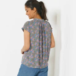 Blouse col tunisien sans manches, crépon