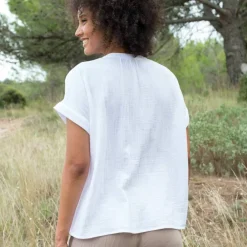 Blouse col tunisien unie en double gaze de coton