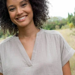 Blouse col tunisien unie en double gaze de coton