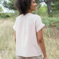 Blouse col tunisien unie en double gaze de coton