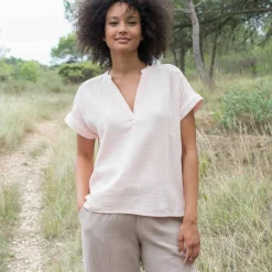 Blouse col tunisien unie en double gaze de coton