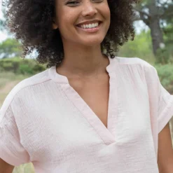 Blouse col tunisien unie en double gaze de coton