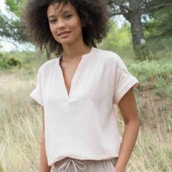 Blouse col tunisien unie en double gaze de coton