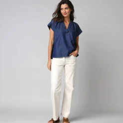 Blouse col V manches courtes denim léger