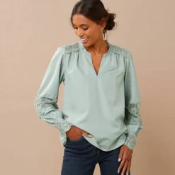 Blouse dentelle manches longues blousantes