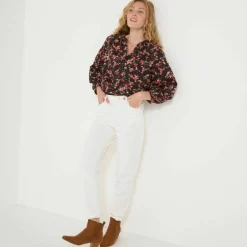 Blouse en coton imprimée fleurs, manches 7/8