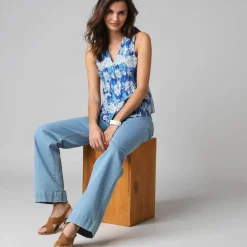Blouse à godets imprimé fleuri, sans manches