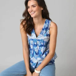 Blouse à godets imprimé fleuri, sans manches