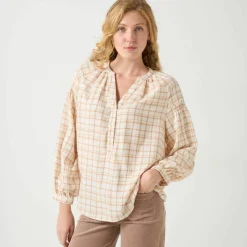 Blouse imprimée carreaux flanelle, manches 7/8