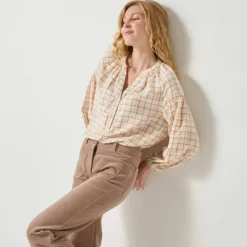 Blouse imprimée carreaux flanelle, manches 7/8